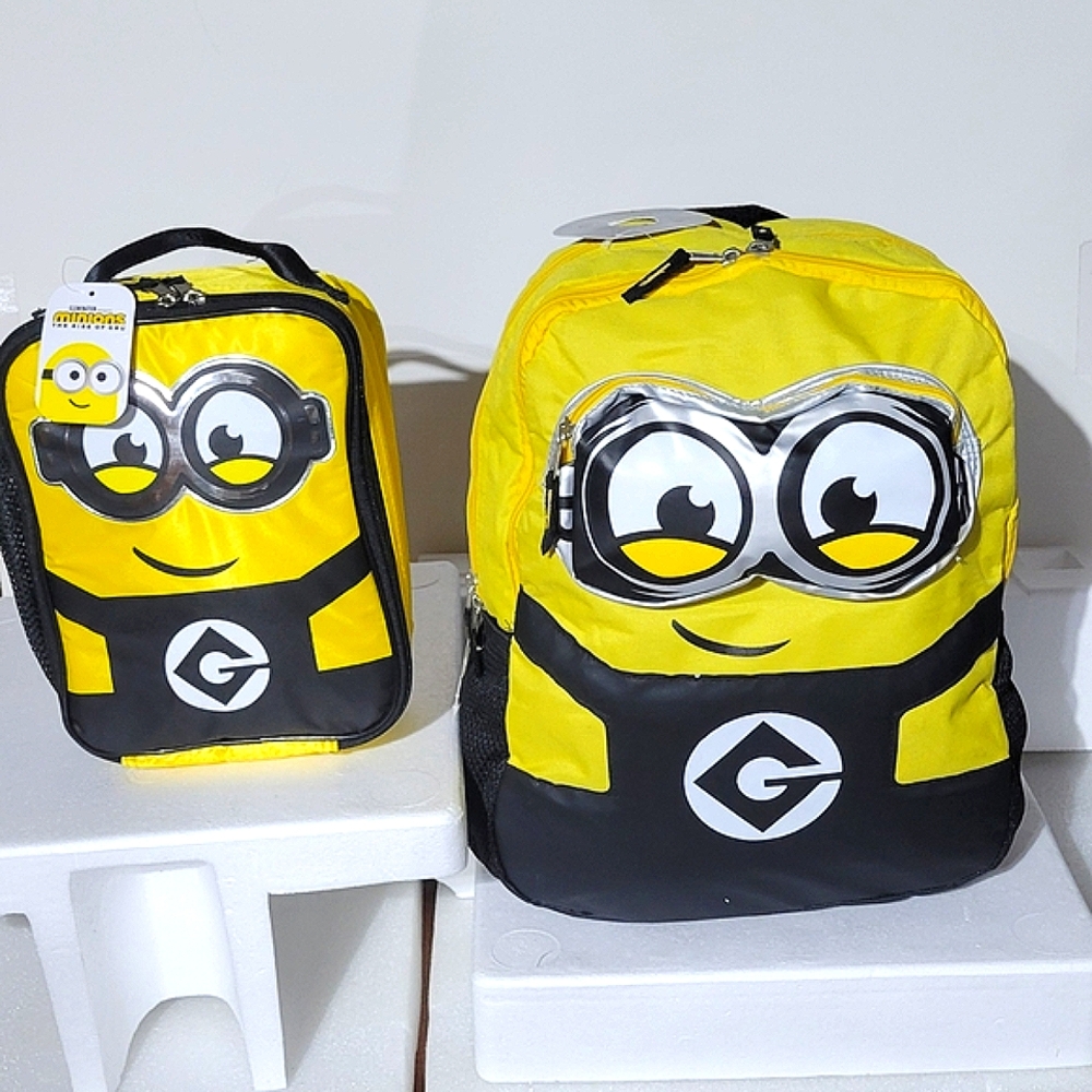 NEW MINIONS YELLOW & BLACK SCHOOL BOY GIRL BACKPACK BOOKBAG & INSULATED LUNCHBOX